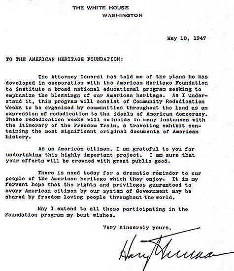 Freedom Train letter from Harry Truman